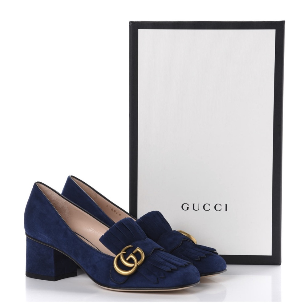 Gucci Women's Navy Suede Kid Scamosciato GG Marmont Fringe 50mm Loafer Pumps